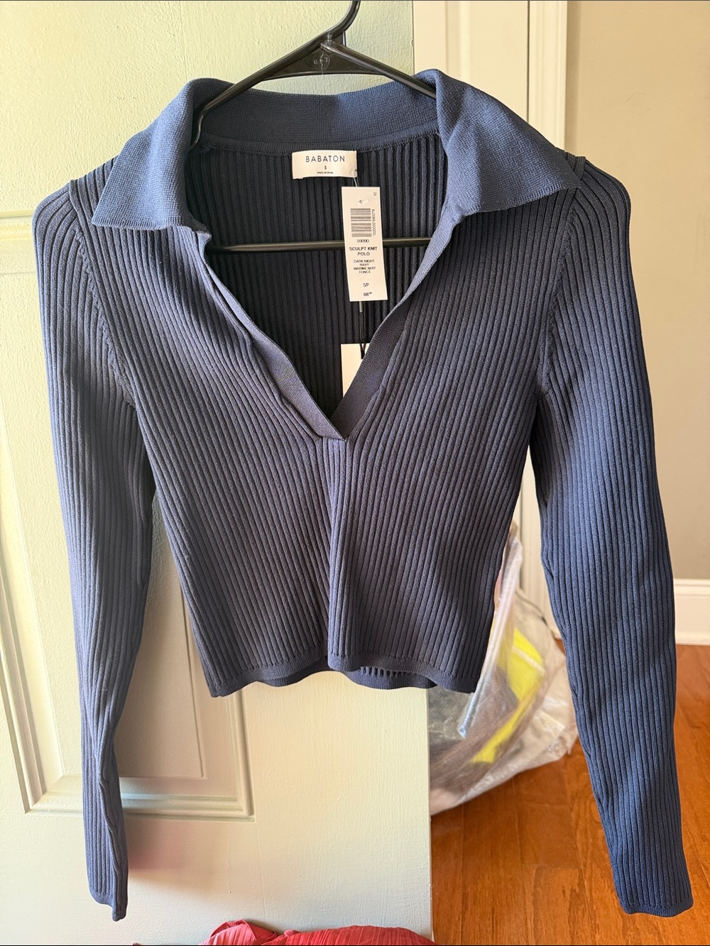 Aritzia Slate Blue Ribbed V-Neck Polo Long Sleeve Top